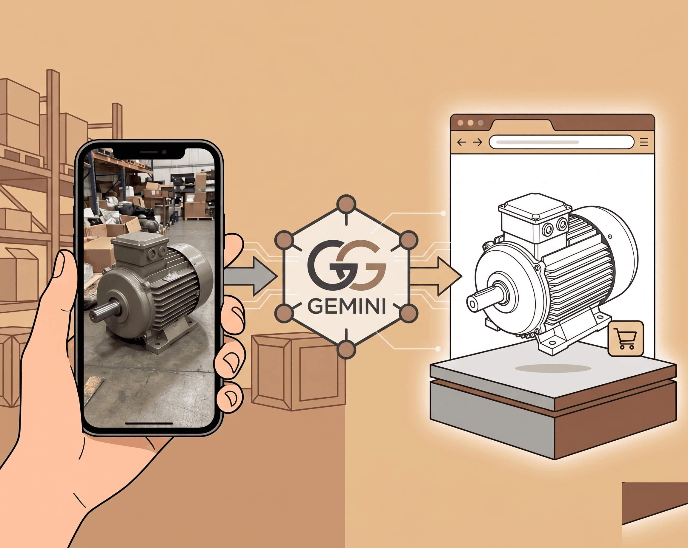 Flat illustration showing a hand holding an iPhone photographing a piece of industrial equipment in a warehouse on the left, an AI processing hexagon in the middle, and a clean studio-quality catalogue image of the equipment displayed in a browser window on the right. Warm tan background.
