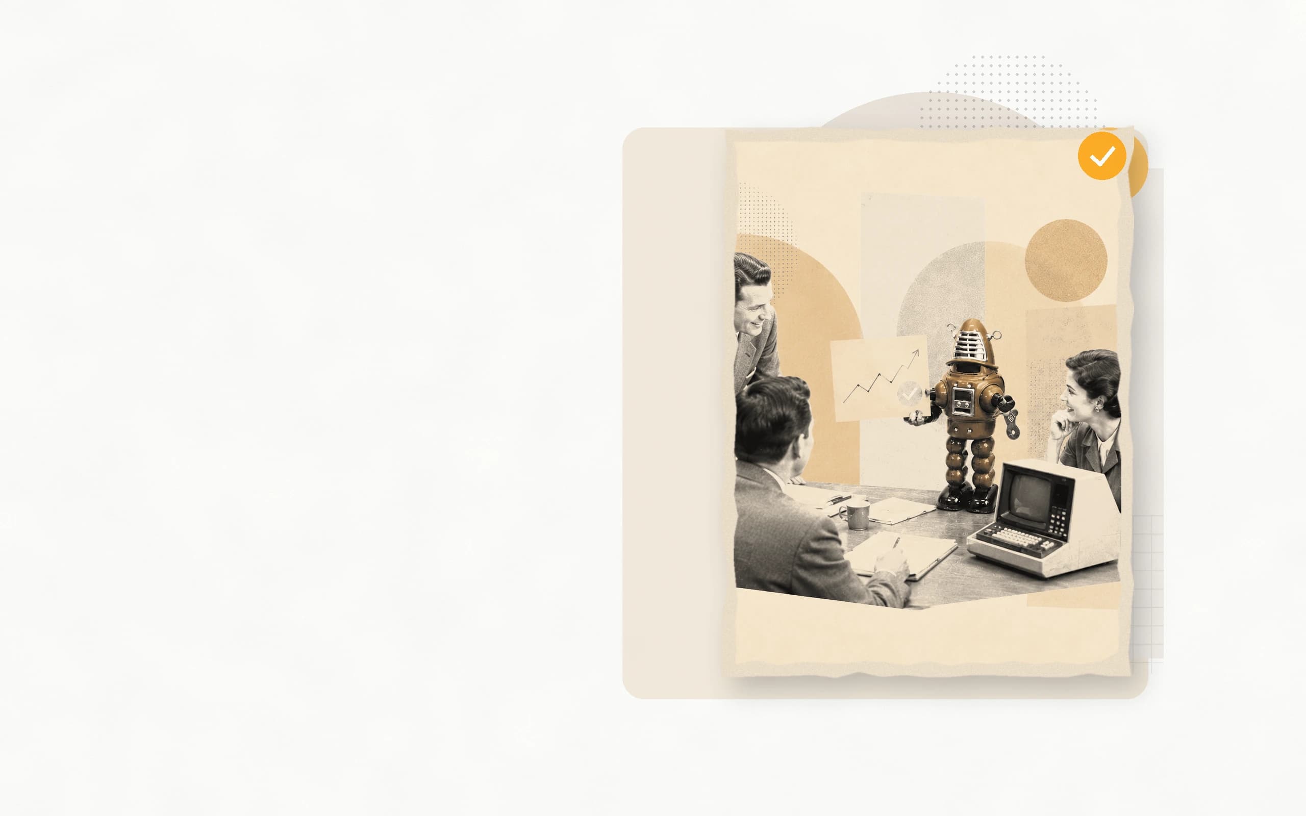 Retro collage of a 1960s team meeting with a tin robot presenting a growth chart — getting team buy-in for AI.