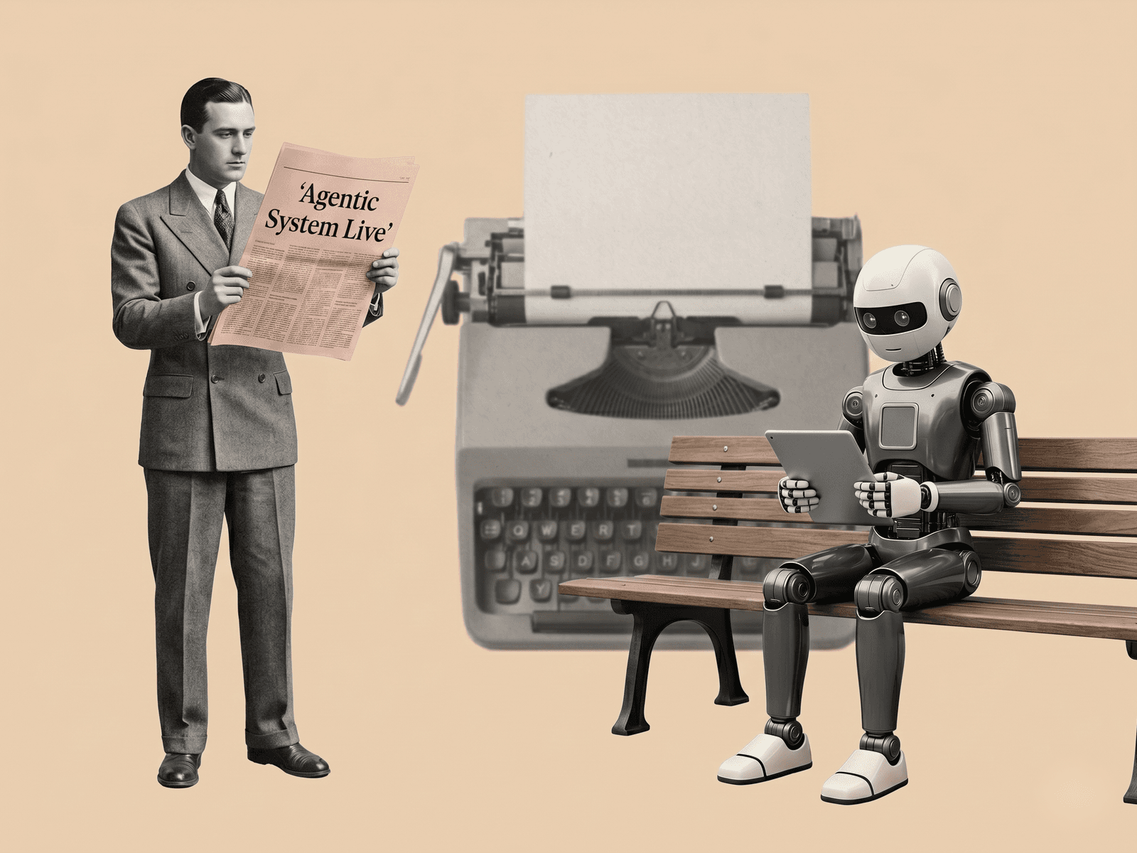 Editorial collage on a warm beige background: a black-and-white suited man holding a pink newspaper reading Agentic System Live on the left, with a robot seated on a bench and a faded typewriter behind it on the right.