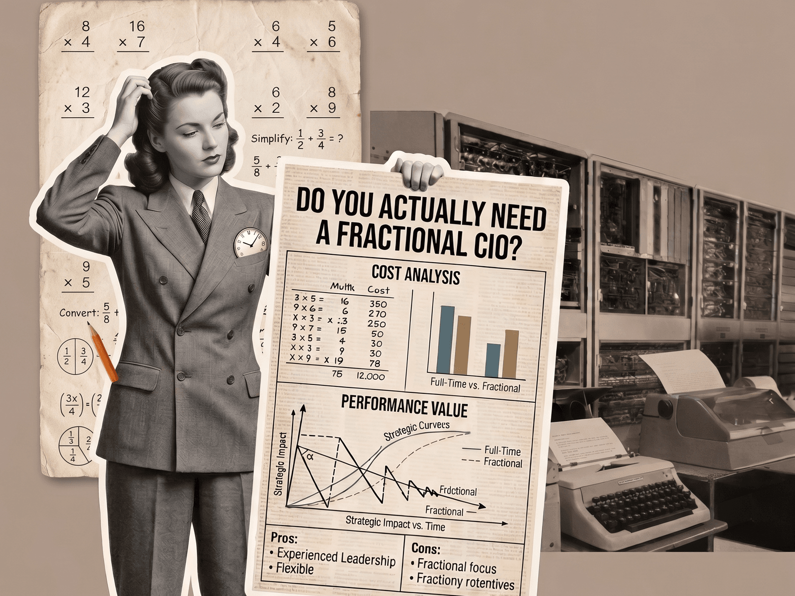 Editorial collage on a warm neutral background: a black-and-white businesswoman holding a newspaper headed Do you actually need a fractional CIO, with cost analysis charts, old computers, a typewriter, and handwritten maths behind her.