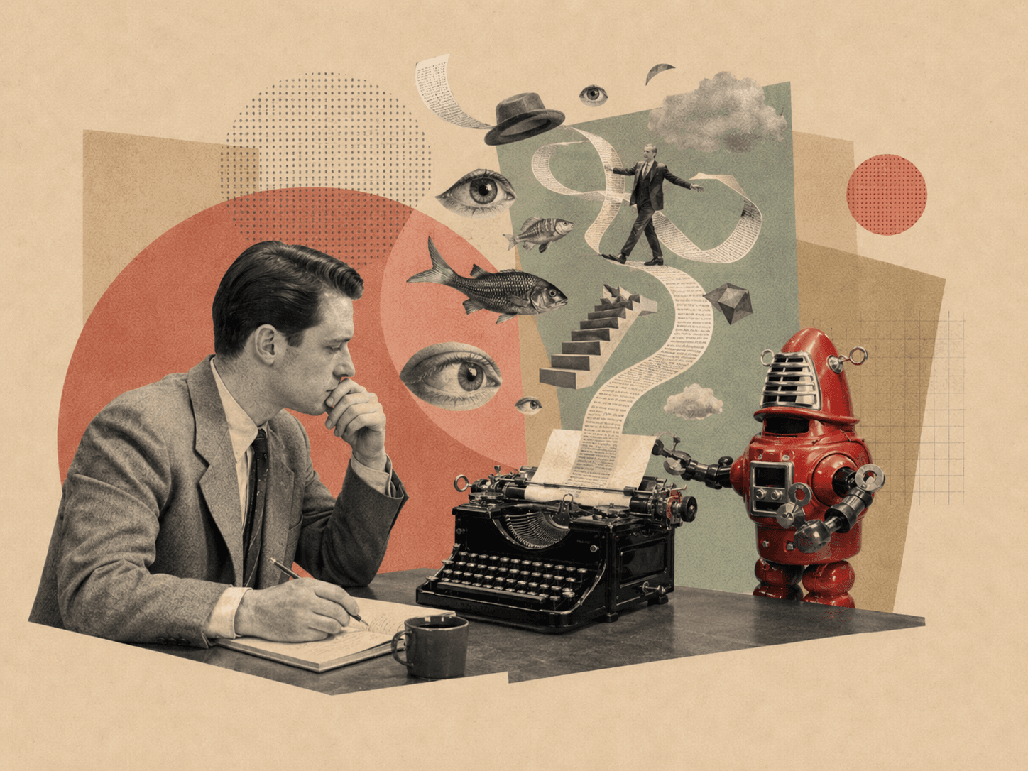 Editorial collage on a warm neutral background: a thoughtful man beside a typewriter, a red robot, floating eyes, paper, clouds, and surreal objects representing AI hallucinations.