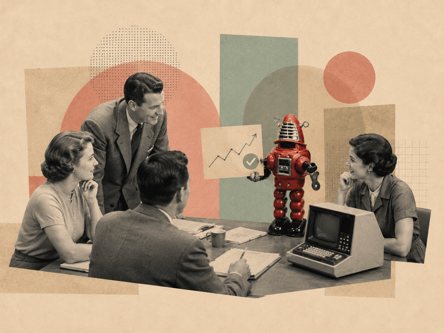 Editorial collage on a warm neutral background: a team in a meeting with a red robot presenting an upward chart marked with a green check.