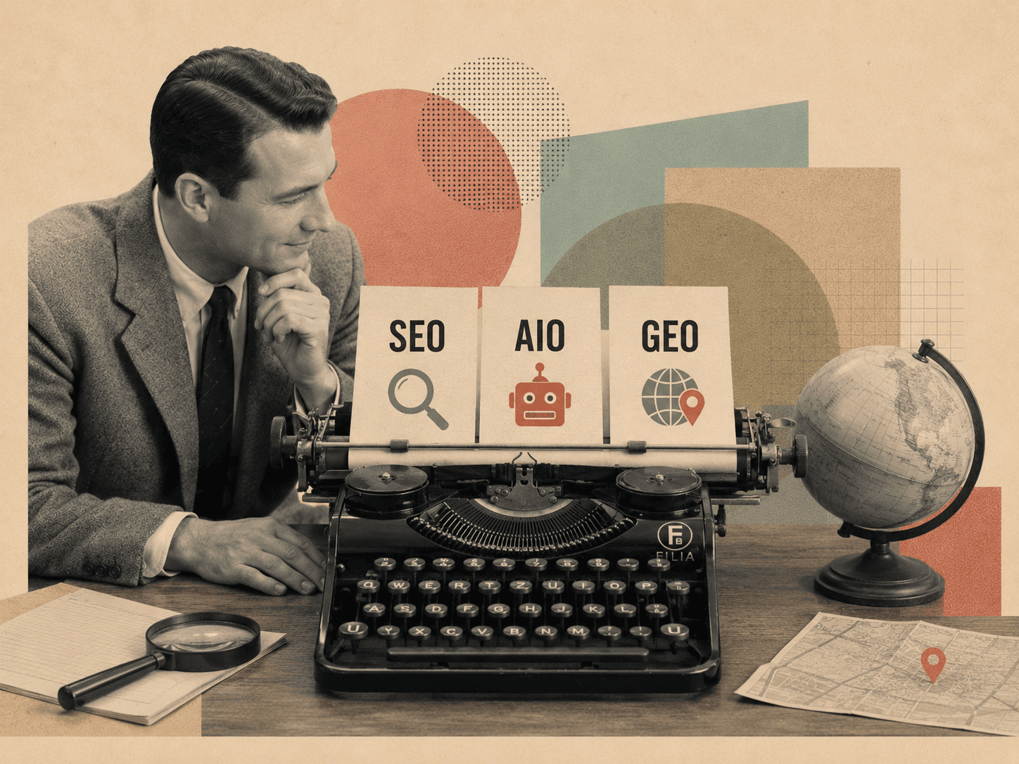 Editorial collage on a warm neutral background: a man beside a typewriter holding cards labelled SEO, AIO, and GEO, with a globe, magnifying glass, and map.