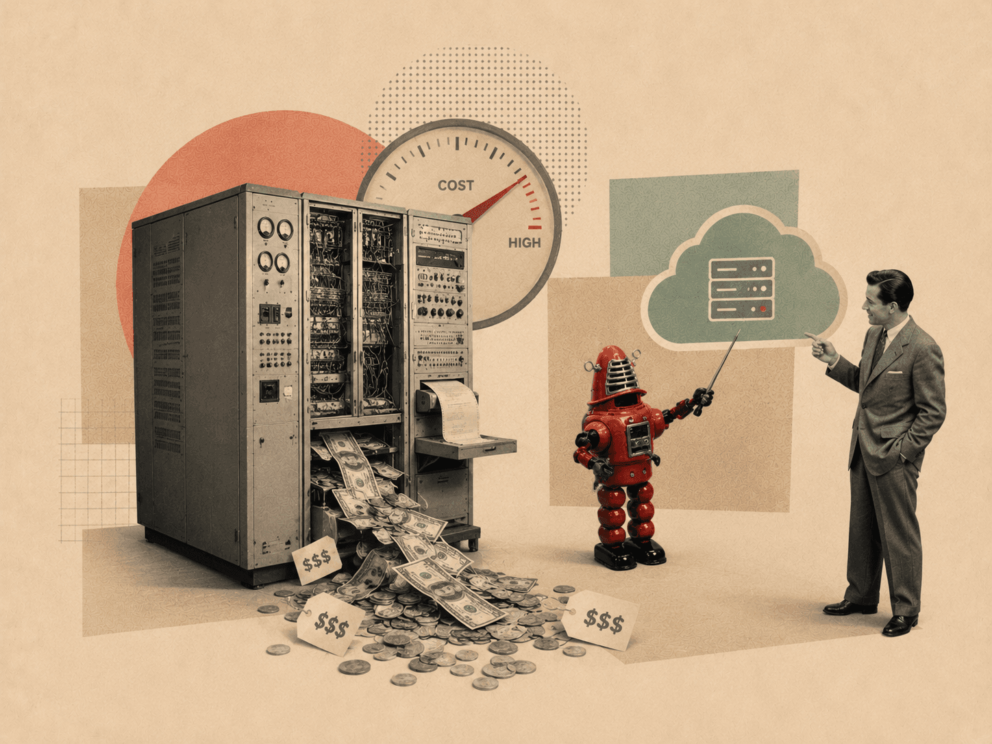 Editorial collage on a warm neutral background: a vintage server machine spilling money, a high cost gauge, a red robot pointing to a cloud server, and a suited man presenting.