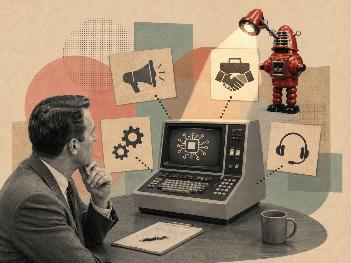 Editorial collage on a warm neutral background: a businessperson looking at a vintage computer connected to icons for marketing, sales, operations, and support, with a red robot shining a light.