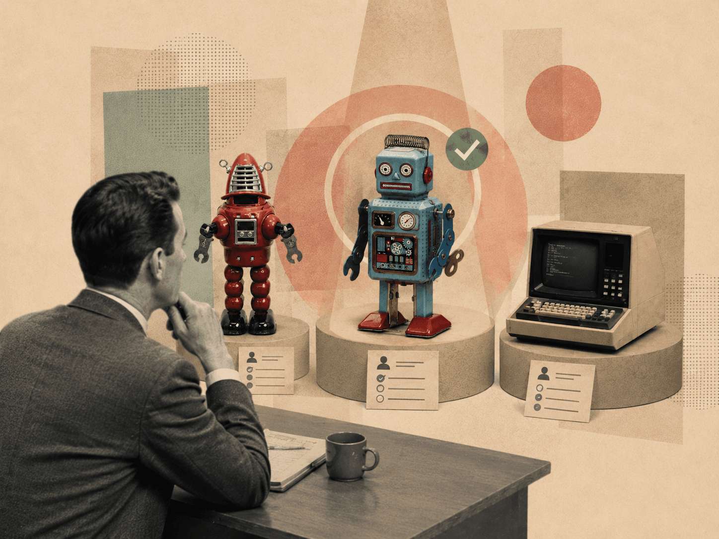 Editorial collage on a warm neutral background: a businessperson evaluating robot options on display plinths, with one blue robot highlighted by a green check mark.