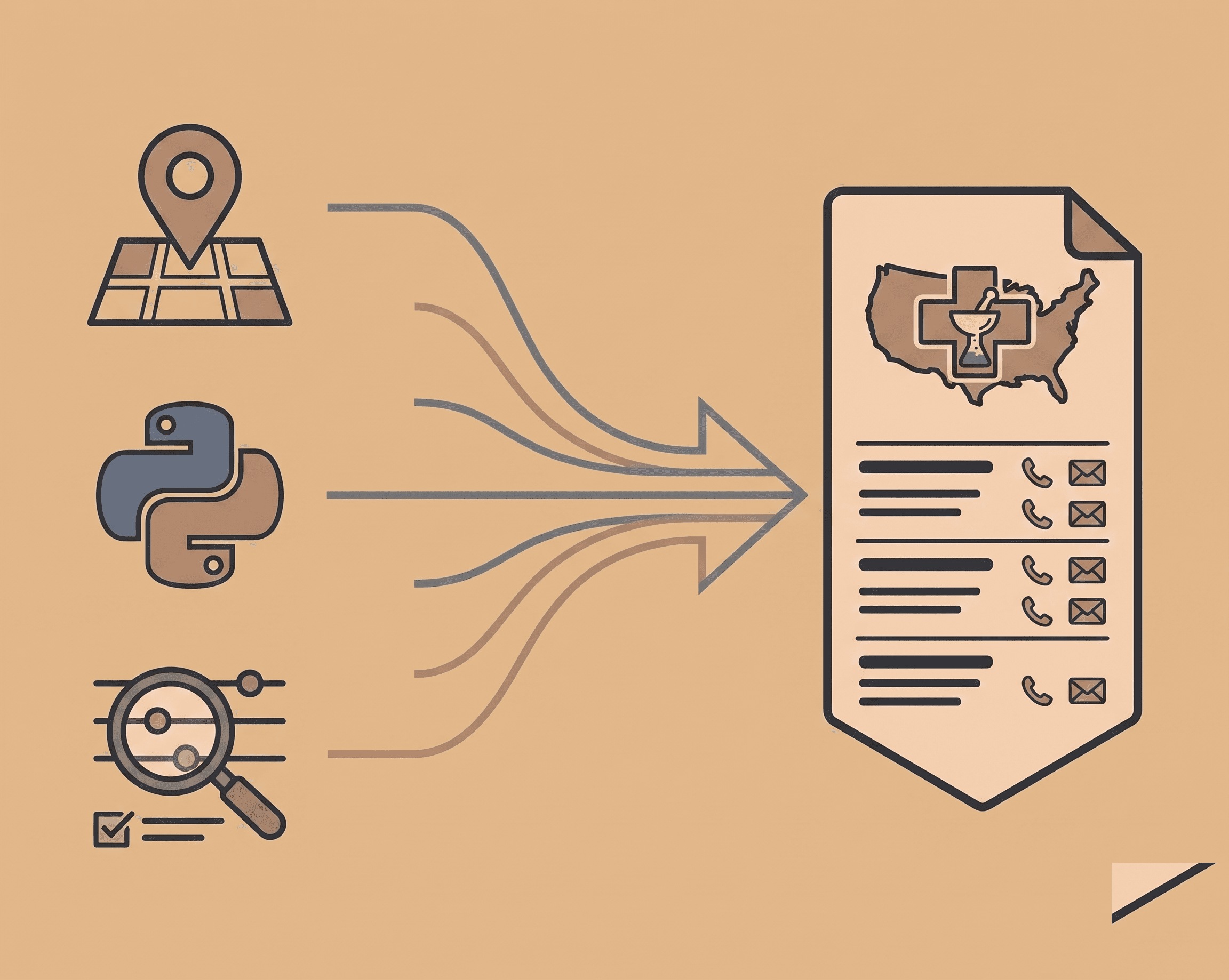 Flat illustration showing three icons on the left — a map pin over a small map, the Python logo, and a magnifying glass with filter controls — converging via arrows into a document on the right containing a national map outline with a pharmacy symbol and rows of contact details (phone and email icons). Warm tan background.