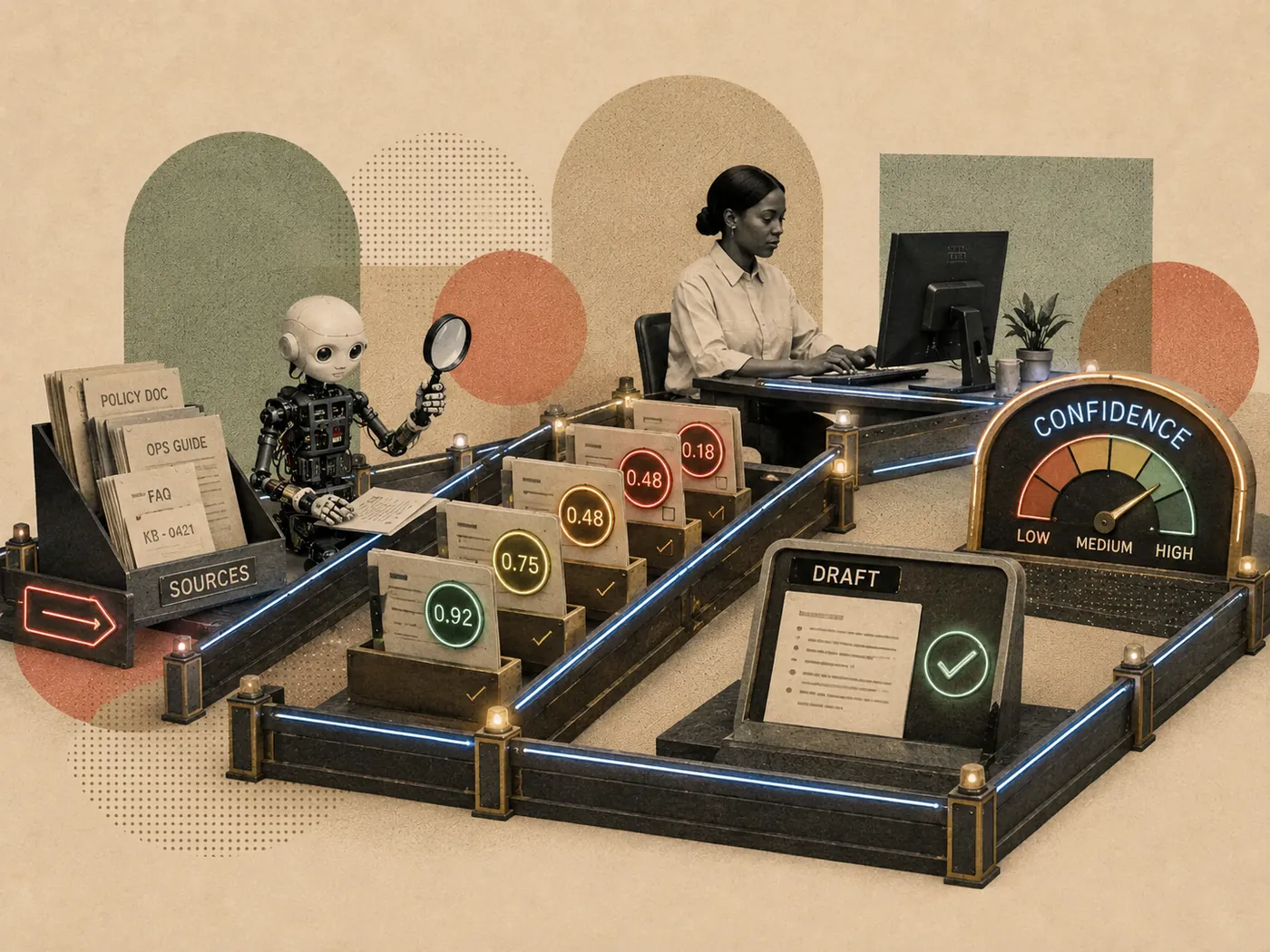 Retro collage: source documents feeding confidence-scored cards and a low–medium–high confidence gauge into a drafted, human-checked response.