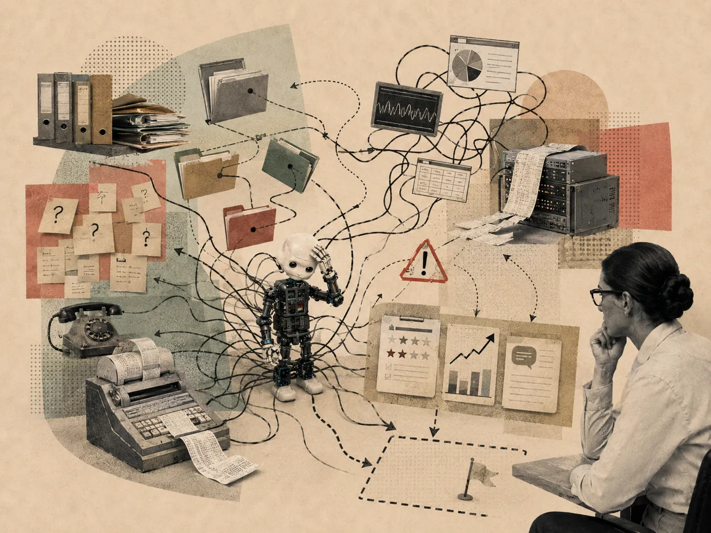 Retro collage: a robot tangled in a web of cables linking filing cabinets, an old register and dashboards, with question marks and a warning sign — messy underlying data.