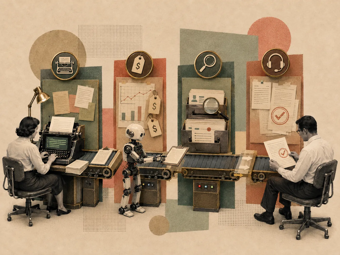 Retro collage: an assembly line where a typist hands work to a robot and on to a person reviewing with a checkmark — narrow agentic workflows with clear hand-offs.