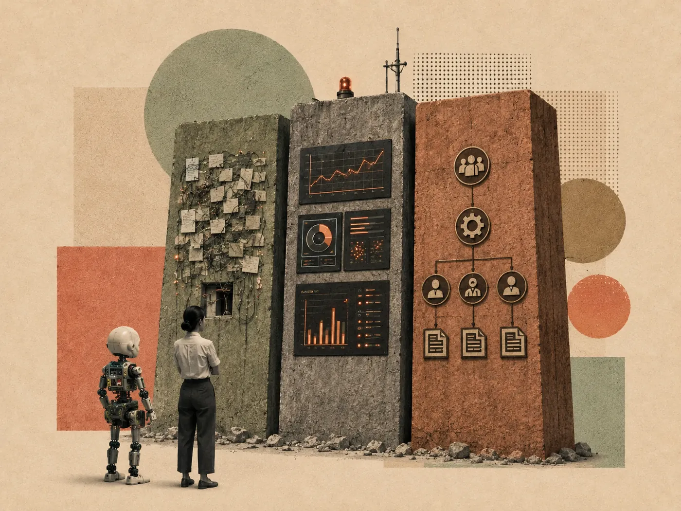 Retro collage: a robot and a person facing a towering wall built of data dashboards, an org chart and stacked documents.