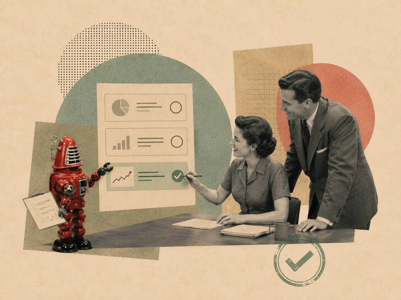 Retro collage: a team presenting an approved dashboard marked with a checkmark stamp — a first AI implementation that proved genuinely useful.