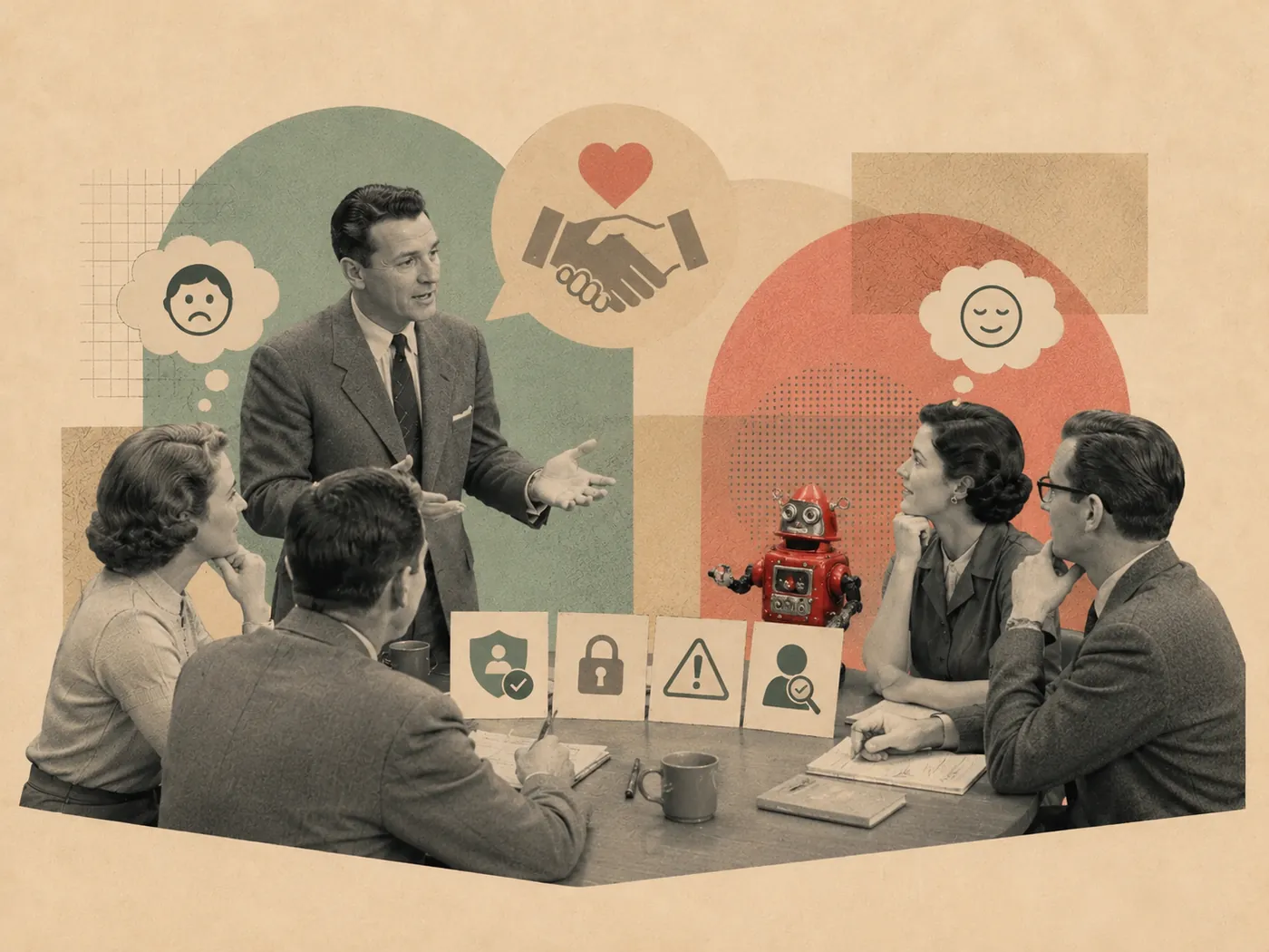 Retro collage: a leader addressing a wary team beside cards for security, privacy, alerts and identity — naming the real fears around AI adoption.