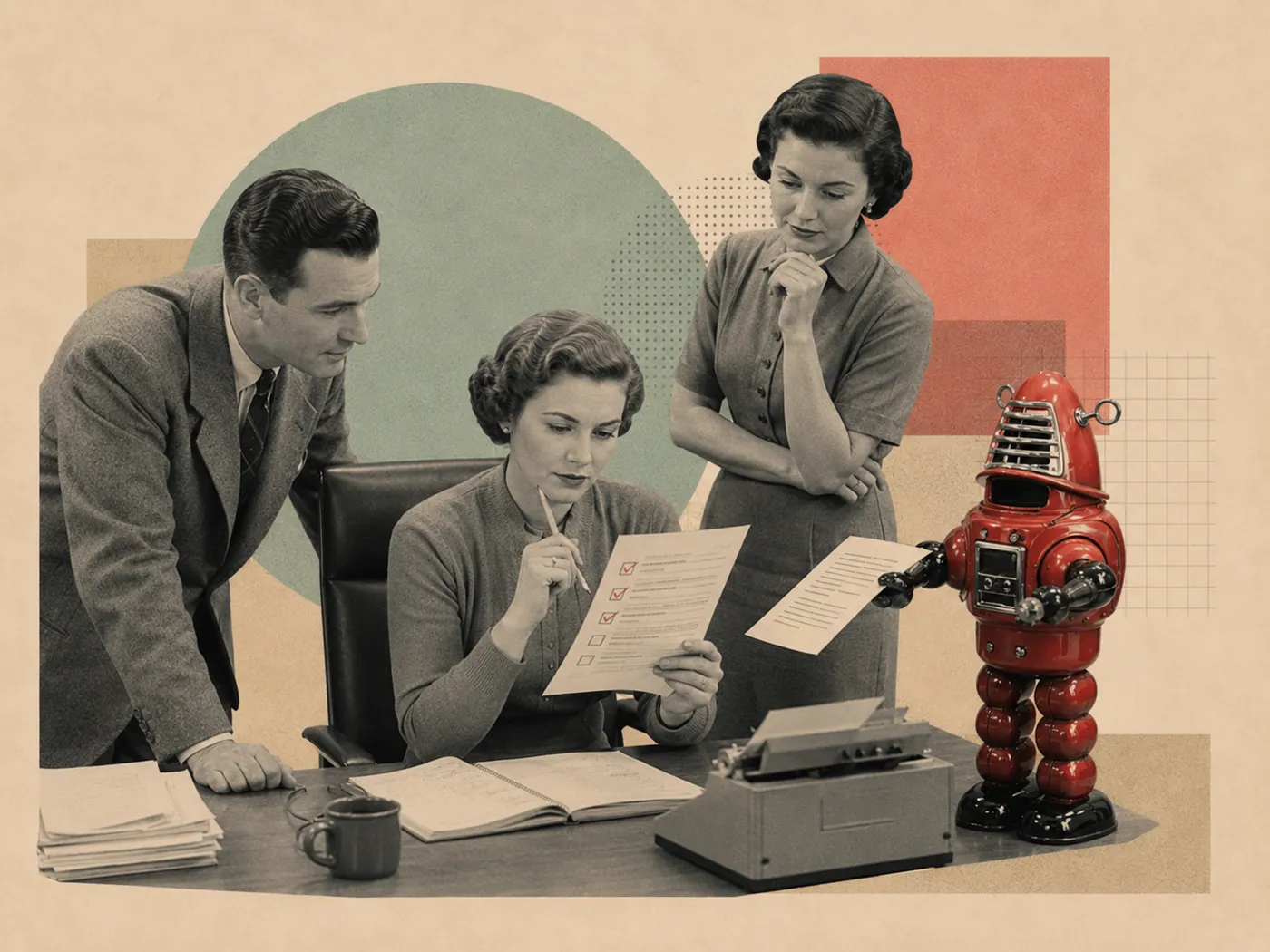 Retro collage: a person reviewing a printed draft with a pencil as a robot hands over a document — a human staying visibly in control of AI output.