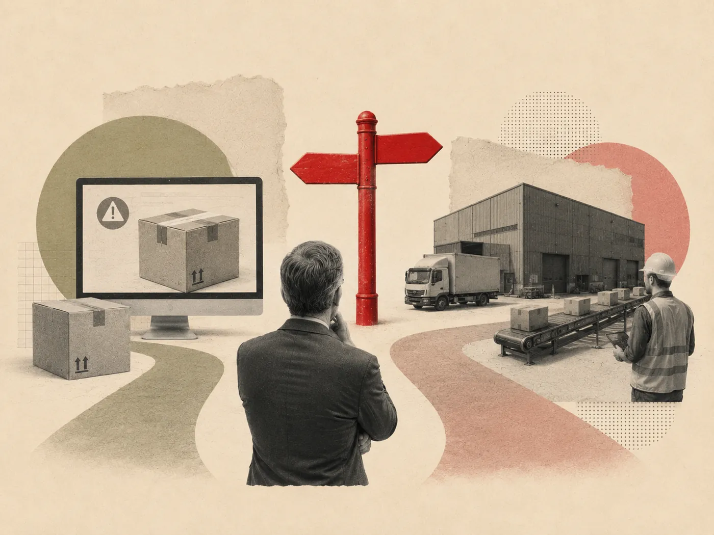 Retro collage: an MD at a crossroads signpost between a warning-flagged screen and a working warehouse — choosing the right technology path for the situation.