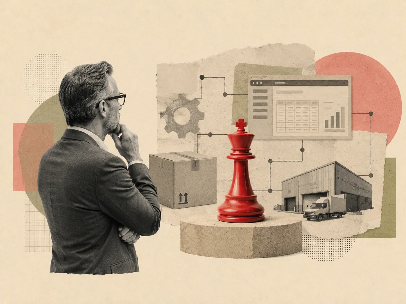 Retro collage: an MD weighing up an ERP dashboard, a warehouse and logistics linked to a chess king — technology as a strategic decision for an operating business.