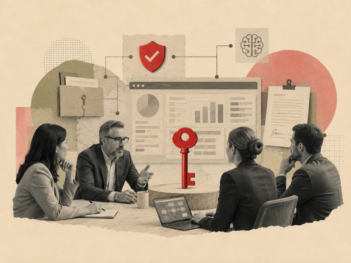Retro collage: a leadership team in a meeting beside a security shield, a key, an AI brain and dashboards — a CIO owning strategy, security and board-level technology decisions.