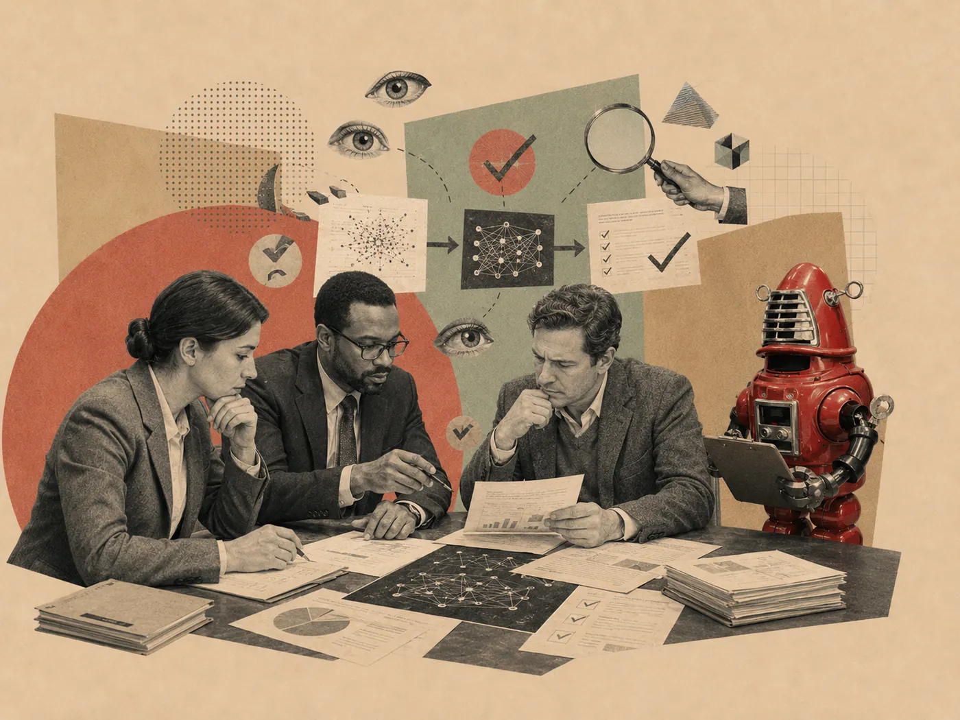 Retro collage: three colleagues reviewing data together and verifying it with checkmarks and a magnifying glass.