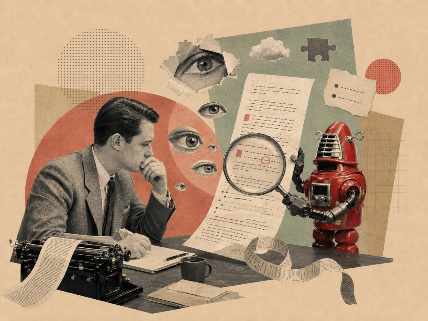 Retro collage: a man scrutinising a document under a magnifying glass held by a robot, with watchful eyes around — checking AI output for accuracy.