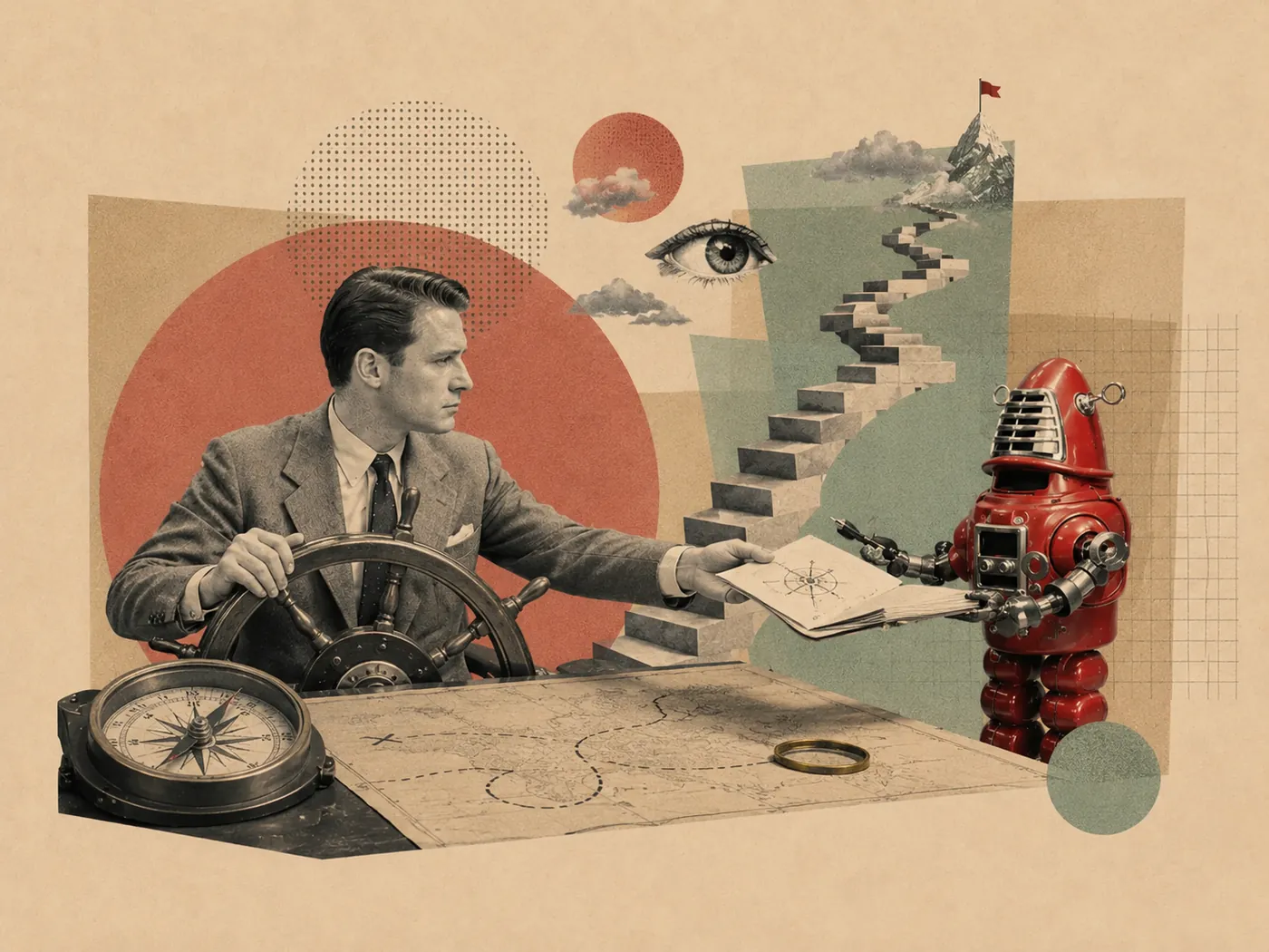 Retro collage: a man steering a ship's wheel with a compass and map while a robot hands him a chart — keeping human judgement at the helm.