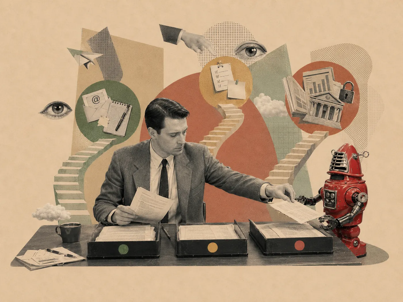 Retro collage: a person sorting documents into green, amber and red trays as a robot hands one over — triaging AI output by consequence.