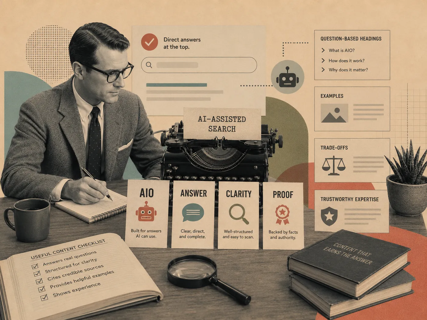 Retro collage headed 'AI-assisted search', with cards for AIO, Answer, Clarity and Proof, question-based headings, and a 'direct answers at the top' panel.