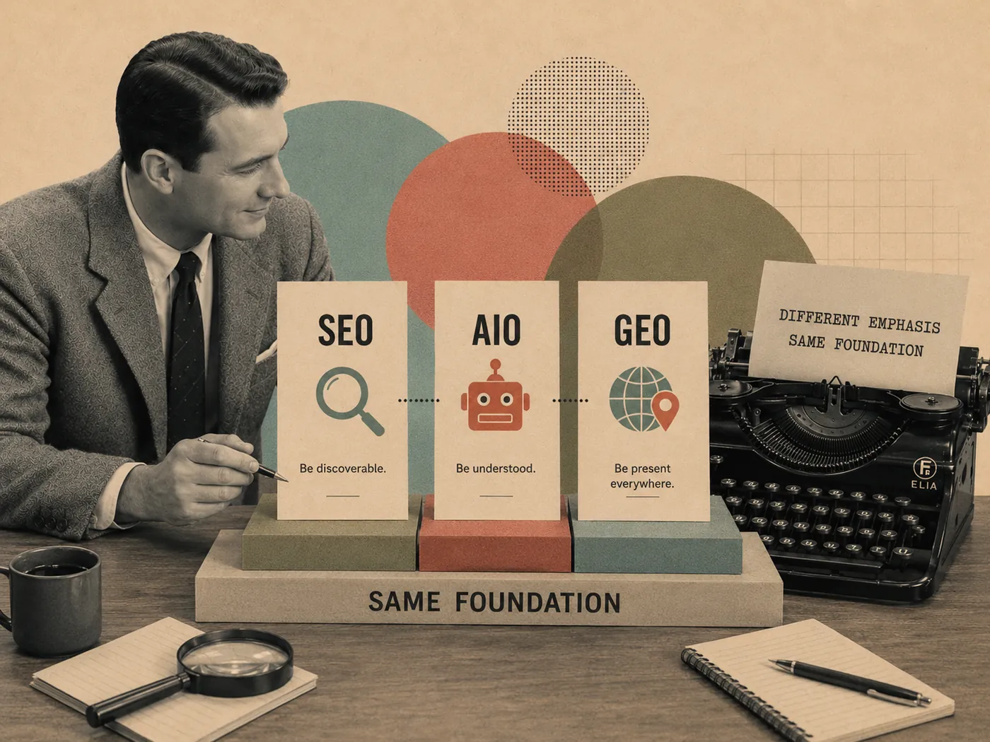 Retro collage of three cards — SEO 'be discoverable', AIO 'be understood', GEO 'be present everywhere' — on a base labelled 'same foundation'.