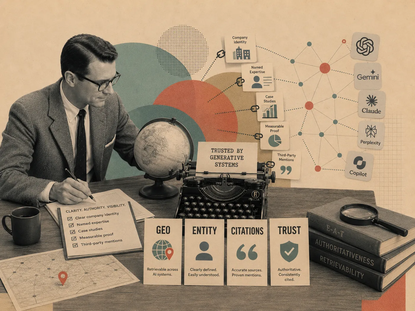 Retro collage headed 'Trusted by generative systems', with cards for GEO, Entity, Citations and Trust linked out to ChatGPT, Gemini, Claude, Perplexity and Copilot.