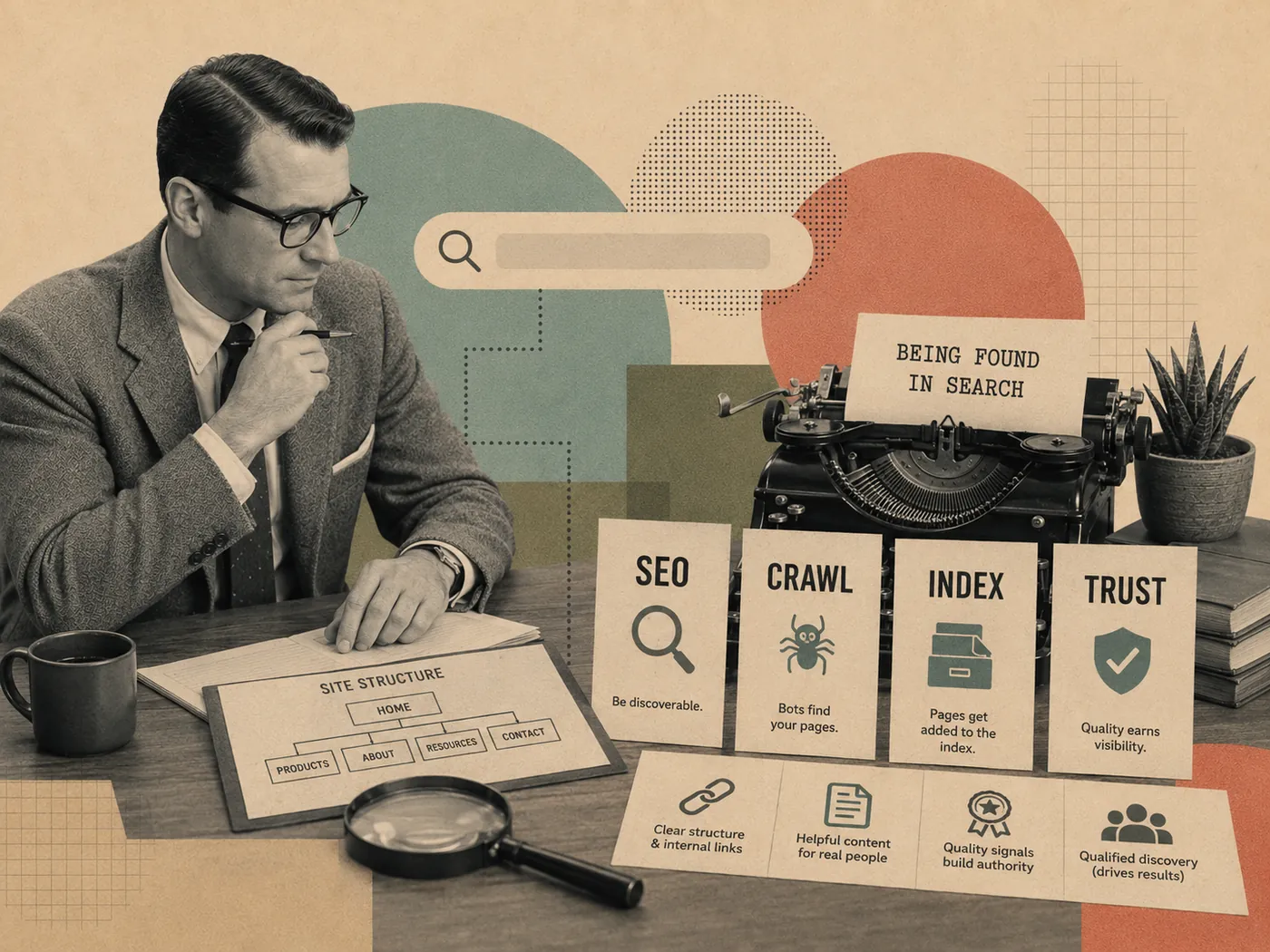 Retro collage headed 'Being found in search', with cards for SEO, Crawl, Index and Trust and a site-structure diagram.