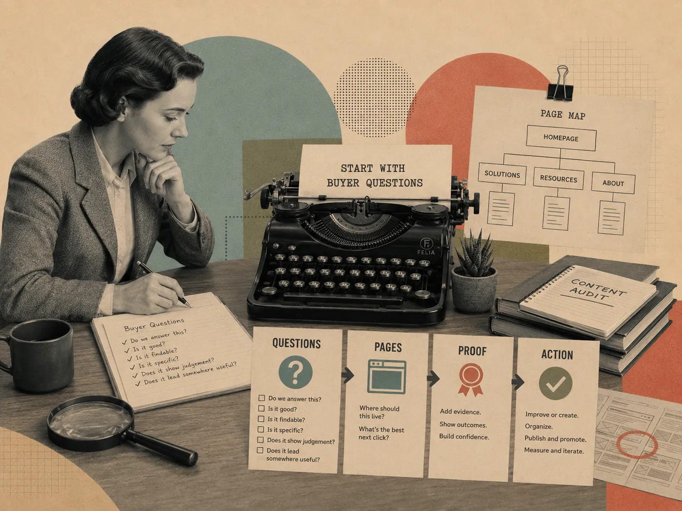Retro collage headed 'Start with buyer questions', with cards for Questions, Pages, Proof and Action alongside a page map and a content audit.